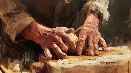 A close-up shot capturing hands engaged in different tasks simultaneously, showcasing the multitasking abilities of a jack-of-all-trades. Close-up of the hands of a craftsman working with wood - obrazy, fototapety, plakaty
