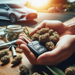 Car keys and cannabis. Strictly separate driving and smoking marijuana. Legal regulation. Driving license regulation. Weed. Don’t drive high. Observe limit value and abstinence breaks. Generative AI - obrazy, fototapety, plakaty