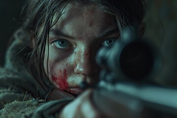 Portrait of a girl with blood on her face holding a gun. Portrait of a girl with blood on her face holding a gunA close-up shot capturing the intensity in the eyes of a young survivor. - obrazy, fototapety, plakaty