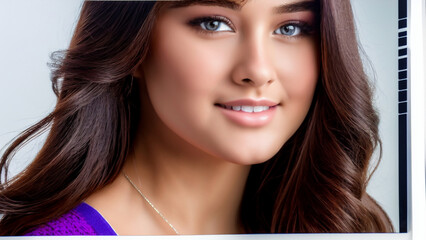 Portrait of a beautiful model with brown hair and green eyes smiling.