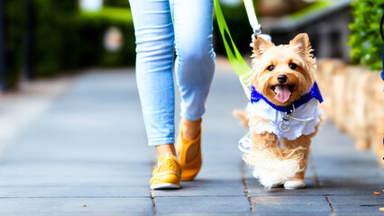 Girl walking her dog along a garden path on a hand leash.