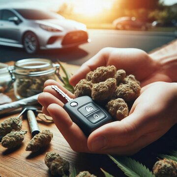 Car keys and cannabis. Strictly separate driving and smoking marijuana. Legal regulation. Driving license regulation. Weed. Don’t drive high. Observe limit value and abstinence breaks. Generative AI