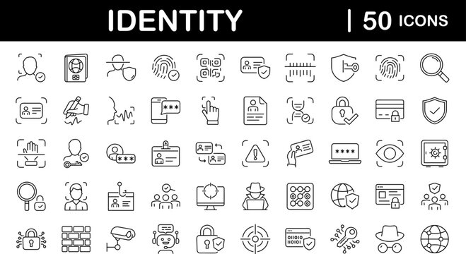 Identity set of web icons in line style. Verification icons for web and mobile app. Fingerprint, face identification, ID card, voice recognition, DNA, Passport. Vector illustration