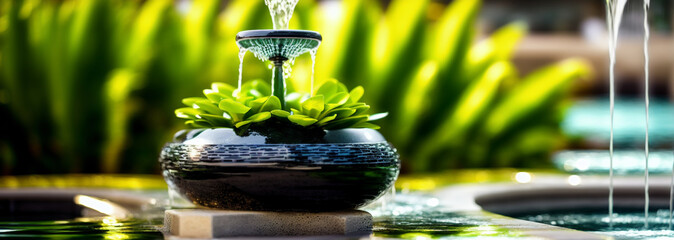 Background with a nice black colored fountain of water jets in a garden with green plants and fresh environment.