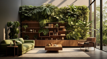 A modern living room featuring a lush green plant wall for added biophilic appeal - obrazy, fototapety, plakaty