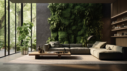 A modern living room featuring a lush green plant wall for added biophilic appeal