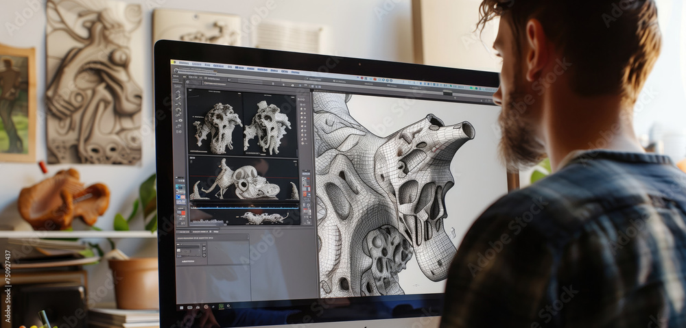Poster creative designer intensely working on a 3d model on a computer