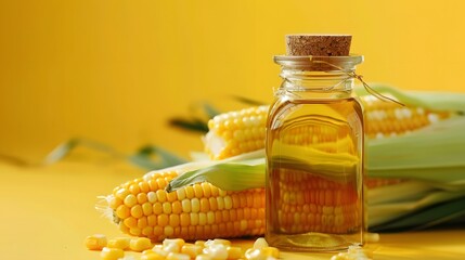 Vintage glass jar filled with corn oil, with fresh corn on cob on soft yellow background
 - obrazy, fototapety, plakaty