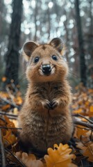Enchanted Glimpse: A Quokka Amidst Autumn Leaves Under the Whispering Woods