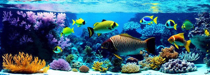 Fototapeta na wymiar Coral background with colorful tropical fish and plants in the sea.