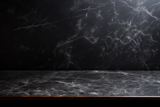Closeup of black marble empty table on black kitchen wall background