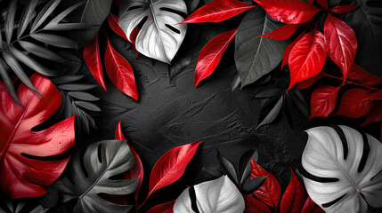 black and red leafs and floral wedding card with white space for text, baby shower cards,mothers day or other party invitation cards	 - obrazy, fototapety, plakaty