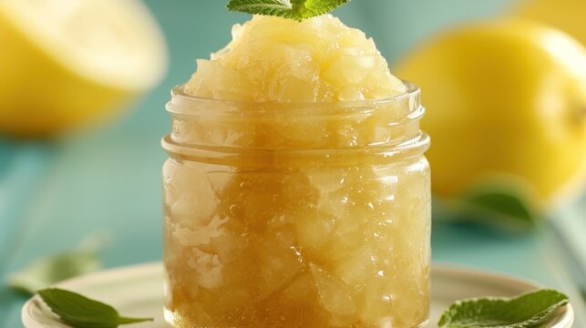 a close up of a jar on a plate with a lemon and mint garnish on top of it.