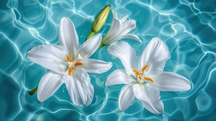 a group of white flowers floating on top of a blue pool of water next to a green leafy plant.