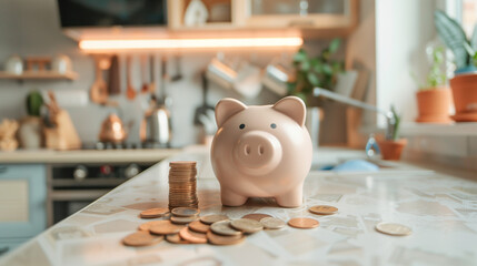 Piggy Bank on the Kitchen Counter or Table with Money Coins in the Kitchen. Saving Money by Frugal Living Concept. - obrazy, fototapety, plakaty
