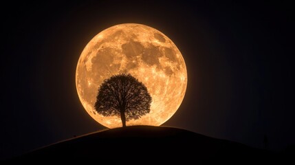 a tree sitting on top of a hill in front of a full moon with a tree in the foreground.