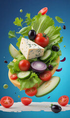Sliced salad ingredients floating in the air, frosting, on blue background