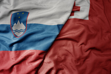 big waving national colorful flag of Tonga and national flag of slovenia.