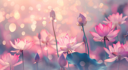 A delicate pink lotus in an artificial blur, creating a soft and peaceful background, illustrates the beauty of nature and tranquility in an oriental style. - obrazy, fototapety, plakaty