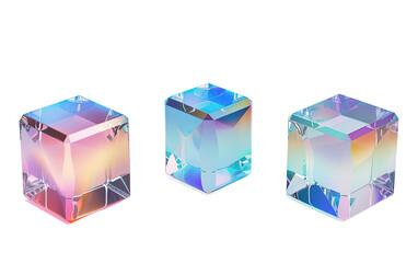 Set of 3d crystal glass cubes with refraction and hol on white or transparent background