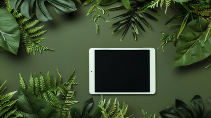 top view of smartphone with green leaves and tropical plant on white background, flat lay