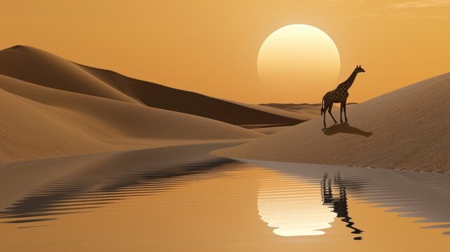 a giraffe standing on top of a sandy hill next to a body of water with a sunset in the background.