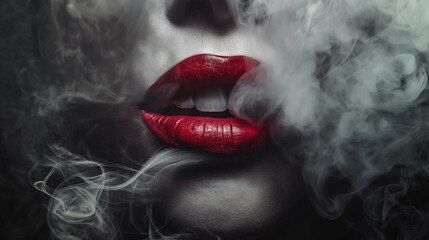 Closeup photograph of woman's lips blowing smoke