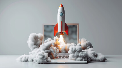 Space rocket shuttle with a cloud of smoke and blast takes off from a laptop, rocket launching from a laptop 3D rendering, Business start up or goal to success.creativity of human