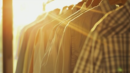 Choosing an outfit from a wardrobe, morning routine, blurred background, with copy space - obrazy, fototapety, plakaty