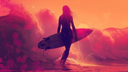 illustration of a pretty blonde surfer woman, in a wetsuit holding her surfboard and walking into the waves, glowing cool, double exposure