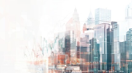 a stock graph and stacked bitcoin and a modern cityscape,  double exposure