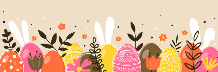 Trendy Easter banner. Design of a background with rabbits, eggs and flowers. Vector illustration