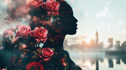 A Photograph capturing the ethereal beauty of nature, merging serene landscapes with vibrant flora in a mesmerizing double exposure