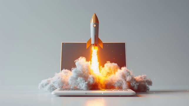 Space rocket shuttle with a cloud of smoke and blast takes off from a laptop, rocket launching from a laptop 3D rendering, Business start up or goal to success.creativity of human