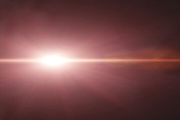 Abstract space background. Shining red star near asteroid field with lens flare. Elements of this 3D rendered illustration were furnished by NASA.
