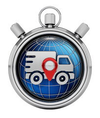 Delivery van and navigation marker on the globe inside the chronometer. Transparent background. 3D illustration