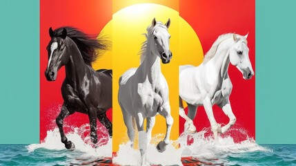 three horses are running through the water in front of a bright orange, blue, yellow, and red background.