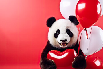 A cute panda holding a heart-shaped balloon, heart shaped balloons in the background. An adorable panda surrounded by symbols of love. Valentine’s Day holiday, Women's Day design concept.