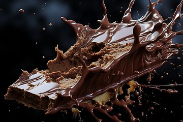 a broken piece of chocolate. Chocolate explosion. Desser, chocoholism.