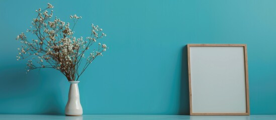 A vase filled with colorful flowers sits next to a picture frame on a table. The table is positioned in front of a blue sofa against a white background.