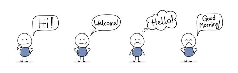 Sad stickman with greeting - welcome, hello, hi, good morning. Vector