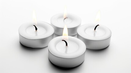 a group of four white candles sitting on top of a white table next to each other on top of a white surface.