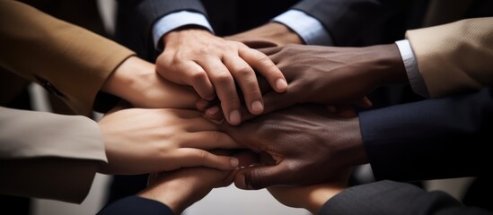 High angle shot of a group of business people holding hands in unity teamwork concept