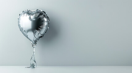  photo of glossy heart shaped balloon isolated light grey background with copy space, Single silver...