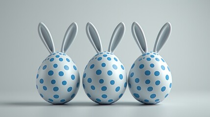 a group of three blue and white easter eggs with bunny ears sticking out of the top of one of them.