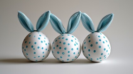 three white eggs with blue polka dots and a blue ribbon on each of the eggs are decorated with blue polka dots.