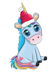 Cute cartoon unicorn in santa hat with gift, christmas ball, candy kane. New Year and Christmas holiday