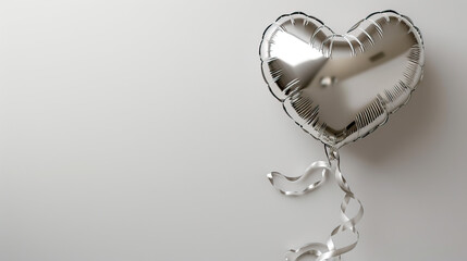 Single silver big heart metallic balloon card,  photo of glossy heart shaped balloon isolated light...