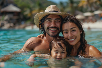 Obraz premium Asian family mom, dad and child swim on tropical sea against the background of palm trees