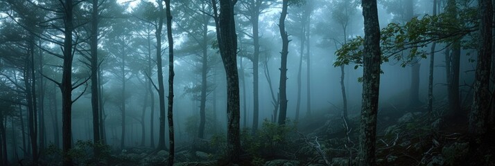 The fog-shrouded trees - obrazy, fototapety, plakaty